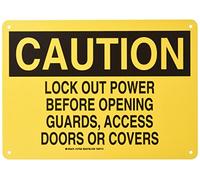 Brady 127528 bloqueo/tagout Sign, Legend"guardias de alimentación antes de abrir puertas de acceso de bloqueo o cubiertas," 10 de altura, 14 cm de ancho, negro sobre amarillo