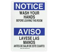 Brady azul y negro sobre blanco Sign bilingüe, español e inglés, cabecera "aviso/Aviso", leyenda "lavar tus manos antes de dejar esta habitación/Lavese las manos antes de salir de este cuarto"