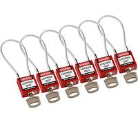 Brady Candado de Cable Compacto Paquete de 6 - Bloqueo de Seguridad Lockout Tagout - Candado de Seguridad - Llaves Diferentes - 32mm x 35mm x 16mm - Longitud del Cable 200mm, Rojo