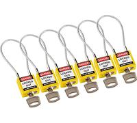 Brady Candado de Cable Compacto Paquete de 6 - Bloqueo de Seguridad Lockout Tagout - Candado de Seguridad - Llaves Diferentes - 32mm x 35mm x 16mm - Longitud del Cable 200mm, Amarillo