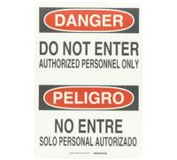 Brady Negro y Rojo sobre Blanco Bilingüe Sign, Inglés y español, "Peligro/peligro de cabecera, Legend de" no entrar solo personal autorizado/No entre solo personal autorizado "