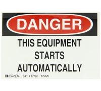 Brady Negro y Rojo sobre blanco Color Máquina y operacionales Sign, Legend "Danger, este equipo inicia automáticamente"