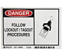 Brady Negro y Rojo sobre blanco señal de alerta, cabecera"Danger", leyenda"seguir bloqueo/tagout procedimientos" (con pictogramas)