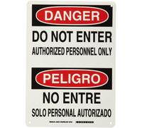 Brady negro y rojo sobre blanco signo bilingüe, Inglés y español, encabezado "Peligro/Peligro", leyenda "Introduzca personal no autorizado//SOLO NO Entre Solo Personal autorizado", 1