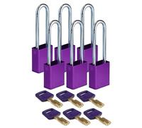 Brady SafeKey - Candado de aluminio, paquete de 6, candado de bloqueo con llave, bloqueo de seguridad para uso en interiores y exteriores, altura del grillete de 76,20 mm, con llave diferente, morado