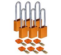 Brady SafeKey Candado de bloqueo de aluminio, naranja, 7,6 cm, acero Shkl, paquete de 6