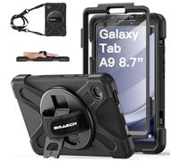 BRAECN Funda para Samsung Galaxy Tab A9 8.7 Pulgadas, Carcasa Rugosa con Protector de Pantalla, Soporte de Rotación de 360°, Correa de Mano/Hombro, Carcasa Antichoque para SM-X110/X115/X117, Negro