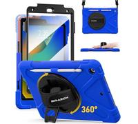 BRAECN para Funda iPad 9a/8a/7a Generación 10,2 Pulgadas 2021/2020/2019, Carcasa Rugosa con Protector de Pantalla, Soporte de Rotación de 360°, Correa de Mano/Hombro, Titular de la Pluma, Azul