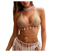 Bragas Bikini Mujer Altas Bikinis Cintura Alta Ahueca hacia Fuera El Traje de Baño de Top Sexy Nueva Concha Bikini Mujer Tejido A Mano Trajes Baño Top Talla Grande Braguitas (Khaki L)