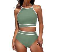 Bragas Bikini Mujer Playa Partes De Arriba Conjunto de Bikini 2 Piezas para Mujer, Traje baño Deportivo Cuello Alto y Cintura Alta para Verano BañAdor Mujer Natacion (Army Green, L)