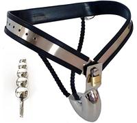 Bragas con cinturón de castidad masculina de acero inoxidable 316 con tapón anal SM Fetiche Jaula para pene con tapón Jaula de castidad para juguetes sexuales para fiestas(Waist 120~130cm)