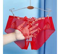 Bragas de malla floral para mujer con sección de entrepierna transparente y acento de abertura en ajuste suave sin costuras de encaje recortado (M rojo)