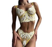 Bragas Sexy Mujer Eróticos - Solid Color European and Sex with Underwire Fishbone Corset Vest Bra Top Briefs Lace Underwear Set (Yellow S)