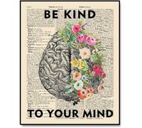 Brain with Flowers Art Print - Be Kind to Your Mind Vintage Poster, Psychology & Mental Health Decor for Students, Therapists, Home Frames(Unframed,12x18inch(30x45cm))