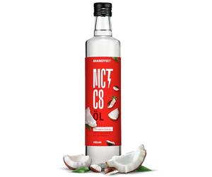 BRAINEFFECT Aceite MCT 100% C8 - Calidad alemana - Aceite C8 puro (sin C10) extracto de coco de primera calidad - 1000 ml - Botella metálica protectora