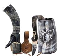 Brainmart Taza de Cuerno Vikingo Juego de Tronos Abrebotellas Taza de Whisky Funda para cinturón Cuerno para Beber con Soporte para Ale, café, Vino, Hidromiel, Bebida fría (Natural, Juego de 5 piezas)