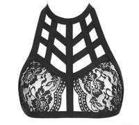 Bralette de encaje hueco para mujer, vendaje push up, top corto con arnés halter, ropa interior para dormir en el hogar, etiqueta negra, talla S-XL (S negro)