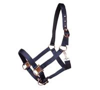 Brama West Cabestro caballo brillante con herrajes de oro rosa | Hecho de satén suave y brillante de alta calidad | con acolchado de neopreno en la nariz y el cuello (azul marino, XFull)