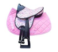 Brama West Juego de sillín infantil Shetty "My Little Pony" | Sillín para caballo de madera Shetty Pony | con manta de sillín, correa, estribos y estribos | Sillín flor/manta rosa