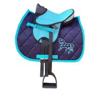 Brama West Juego de sillín infantil Shetty Pony Fun | Sillín para caballo de madera Shetty Pony | con cubierta de sillín, correa, estribos y estribos | edición turquesa
