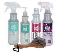 Brama West MagicBrush Set de cuidado para caballos, loción limpiadora con D-pantenol, bálsamo refrigerante, spray brillante, aceite para cascos y cepillo largo | Cuidado de la piel, piel, melena y