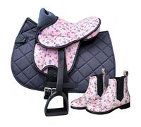 Brama West My Happy Pony - Sillín de montar para niños con botas de equitación para niños, incluye funda para sillín, correa y estribo, diseño floral, color rosa