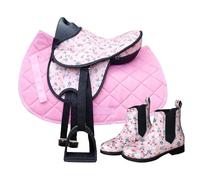Brama West My Happy Pony - Sillín de montar para niños con botas de equitación para niños, incluye funda para sillín, correa y estribo, diseño floral, color rosa