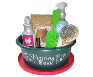 Brama West Set de regalo de Navidad para los amantes de los caballos, juego de 8 piezas con spray para crines, aceite de pezuña, cepillos, golosinas y comedero para jinetes y dueños de caballos para