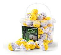 BRAMASOLE Pelotas de golf de plástico con peso, paquete de 50 unidades con cubo, vuelo limitado y pelotas de entrenamiento coloridas para uso en interiores y exteriores, pelotas duraderas fáciles de