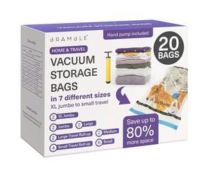 Bramble - 20 Bolsas de Almacenamiento al Vacío - 7 Tamaños (2 XXL, 2 XL, 2 L, 2 M, 6 S, 2 L/4 S de Viaje) - 80% Más Espacio Guardando Ropa,Edredones, Almohadas y Mantas - Bomba de Succión Incluida
