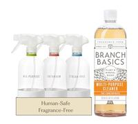 Branch Basics Kit esencial de limpieza de vidrio: limpiador multiusos, limpiador de vidrio y limpiador de baño, concentrado (33.8 onzas) + botellas de spray de vidrio para limpieza (24