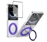 BRAND SET Funda para Samsung Galaxy Z Flip7, Protector de Pantalla Integrado, Anillo Giratorio 360° con Función Soporte, Carga Inalámbrica, Cover PC Antigolpes, Violeta