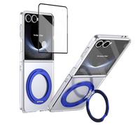BRAND SET Funda para Samsung Galaxy Z Flip8, Protector de Pantalla Integrado, Anillo Giratorio 360° con Función Soporte, Carga Inalámbrica, Cover PC Antigolpes, Azul