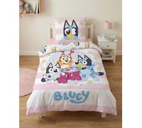 BrandMac Bluey - Juego de cama infantil, 140 x 200 cm, funda nórdica y funda de almohada de 65 x 65 cm, 100% algodón suave, diseño oficial Bluey, Bingo & Muffin, rosa y blanco
