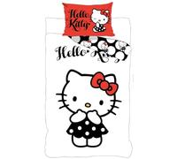 BrandMac Hello Kitty - Juego de cama de bebé, 100% algodón, funda nórdica de 100 x 135 cm y funda de almohada de 40 x 60 cm, diseño reversible de lunares, color negro, blanco y rojo, con licencia