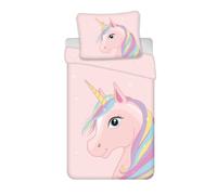 Brandmac Juego de cama de unicornio reversible, 100% algodón, funda nórdica de 135 x 200 cm y funda de almohada de 80 x 80 cm, rosa