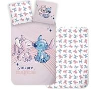 BrandMac Stitch & Angel Juego de cama individual | Funda nórdica 140 x 200 cm y funda de almohada 60 x 65 cm | Juego de cama 100% algodón | Diseño reversible | Motivo mágico rosa y azul
