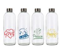 BrandPrint Juego de 4 botellas de cristal modelo EOS, 1 litro, kit Happiness Good Vibes - Serigrafía Love Joy Peace Happy, tapón de rosca de acero inoxidable | Botella cristal agua bebidas idea regalo