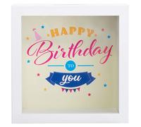 Brandsseller Hucha Marco de Fotos de Madera con Cristal 14,5x14,5x6,5 cm - Hucha Decorativa para Regalos en Efectivo y Objetivos de Ahorro Especiales - Happy Birthday to You (Feliz cumpleaños)