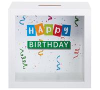 Brandsseller Hucha Marco de Fotos de Madera con Cristal 14,5x14,5x6,5 cm - Hucha Decorativa para Regalos en Efectivo y Objetivos de Ahorro Especiales - Happy Birthday (Feliz cumpleaños)