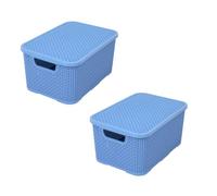 BranQ Home essential Cesta con tapa en diseño de ratán, juego de 2 unidades, tamaño M, 10 L, plástico polipropileno sin bisfenol A, color azul vaquero, 32,3 x 22,5 x 15 cm, 2 unidades