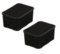 BranQ - Home Essential Cesta con tapa en diseño de ratán, juego de 2 unidades, tamaño M, 10 L, sin bisfenol A, plástico PP, negro, 28,8 x 19,7 x 16,2 cm, 2 unidades
