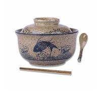 Braozaiw Ceramic Soup Bowl Set 800 ml Ramen Bowl (Palillos Cuchara), Tazones de Noodle Japoneses Grandes, Tradicional Asian Tableware Set, para Udon, Pasta, Pho, Soba, Cereal y Ensalada (Pescado)