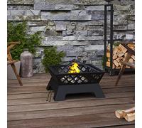 Brasero de acero 50 cm XXL con atizador | Para terraza y jardín, gran bandeja profunda, cubierta de red para seguridad, incluye ganchos de metal