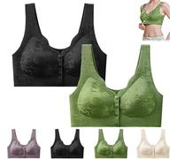 Brasier con cierre frontal de jacquard en relieve, brasier de soporte de cierre frontal, cómodo brasier sin varillas para personas mayores, Negro + Verde, M