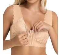Brasier de encaje con cierre frontal para mujer, festoneado, sin varillas, talla grande, brasier cómodo push up para mujer, con gancho frontal, sin varillas, transpirable, para uso diario, para pecho