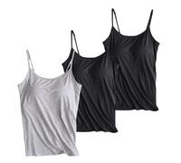Brasier integrado para mujer, paquete de 3 camisetas sin mangas con tirantes delgados ajustables, sin mangas, acolchadas, camisetas deportivas de yoga, Z01-negro+negro+gris, XL