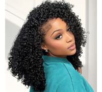 Brasileño Pelucas Kinky Curly Half Wig Human Hair Glueless 100% Human Hair Nature Upgrade 3 IN 1 Half Wig With Drawstring Seamless Clip Glueless Density 180% Natural Black 20 Pulgadas