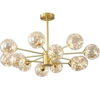 Brass Artificial Satellite Lights Crystal Shade Semi Flush Pendant Mounted Branches Chandeliers Polished Gold Ceiling Light, LED Chandelier