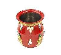 Brass Kalash Lota Pot Utensil Drinkware for Pooja Puja Kit Indian Traditional Karwachauth New year Decoration Festival Purpose Temple Home office Pure Brass Vessel Lota Gift Pooja Item(Size:-4")(Red)